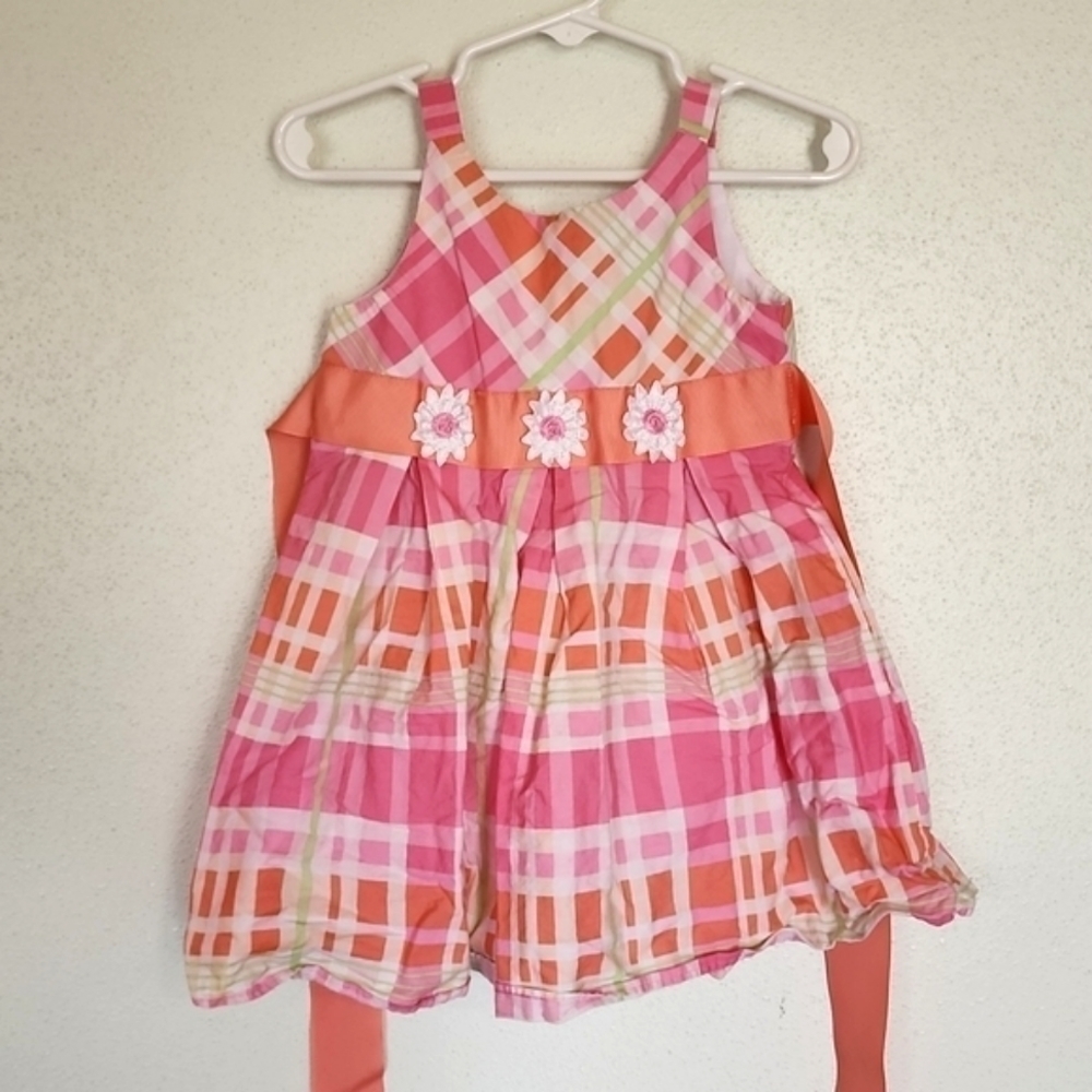 YOUNGLAND Pink and Orange Plaid Dress with Back Buttons and Tie-back Ribbons
